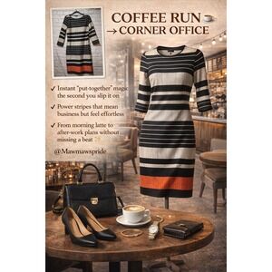 VERSATILE West Dress 6 Black Beige Orange Striped Career Casual 3/4 Sleeve.  6